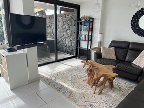 Smart TV, fireplace, books, printers