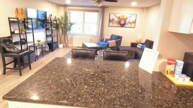 A spacious living area with a large dark granite island, a sofa, and a coffee table. There is a ceiling fan, a window with curtains, and a painting on the wall.
