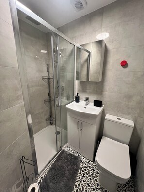 Bathroom features a glass-enclosed shower, sink, and toilet.