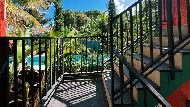 A staircase leading to a pool surrounded by lush greenery and a clear blue sky.