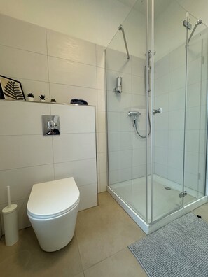 Ducha, secador de pelo, toallas y jabón