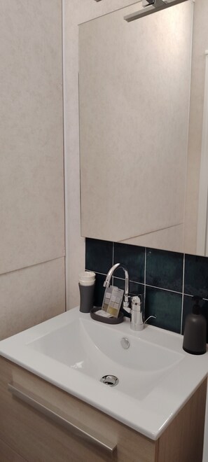 Hair dryer, towels, soap, shampoo - Le Déclic  (Bayeux)