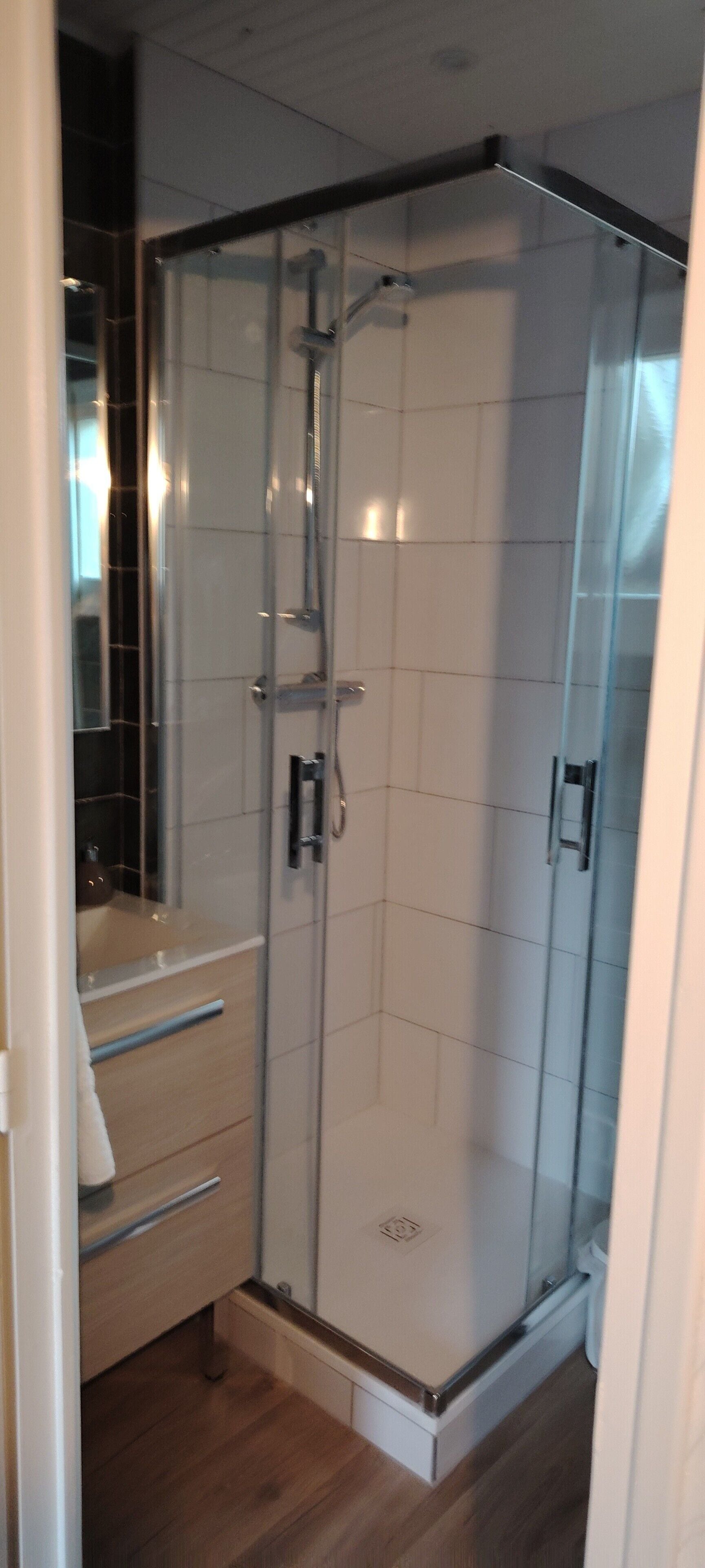 Hair dryer, towels, soap, shampoo