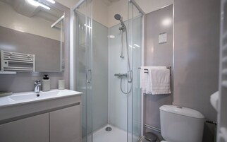 A modern bathroom with a glass shower enclosure, a toilet, and a sink with a mirror above.