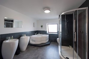 Shower, hair dryer, shampoo