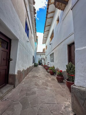 A narrow alleyway with white buildings, stone flooring, and potted plants.