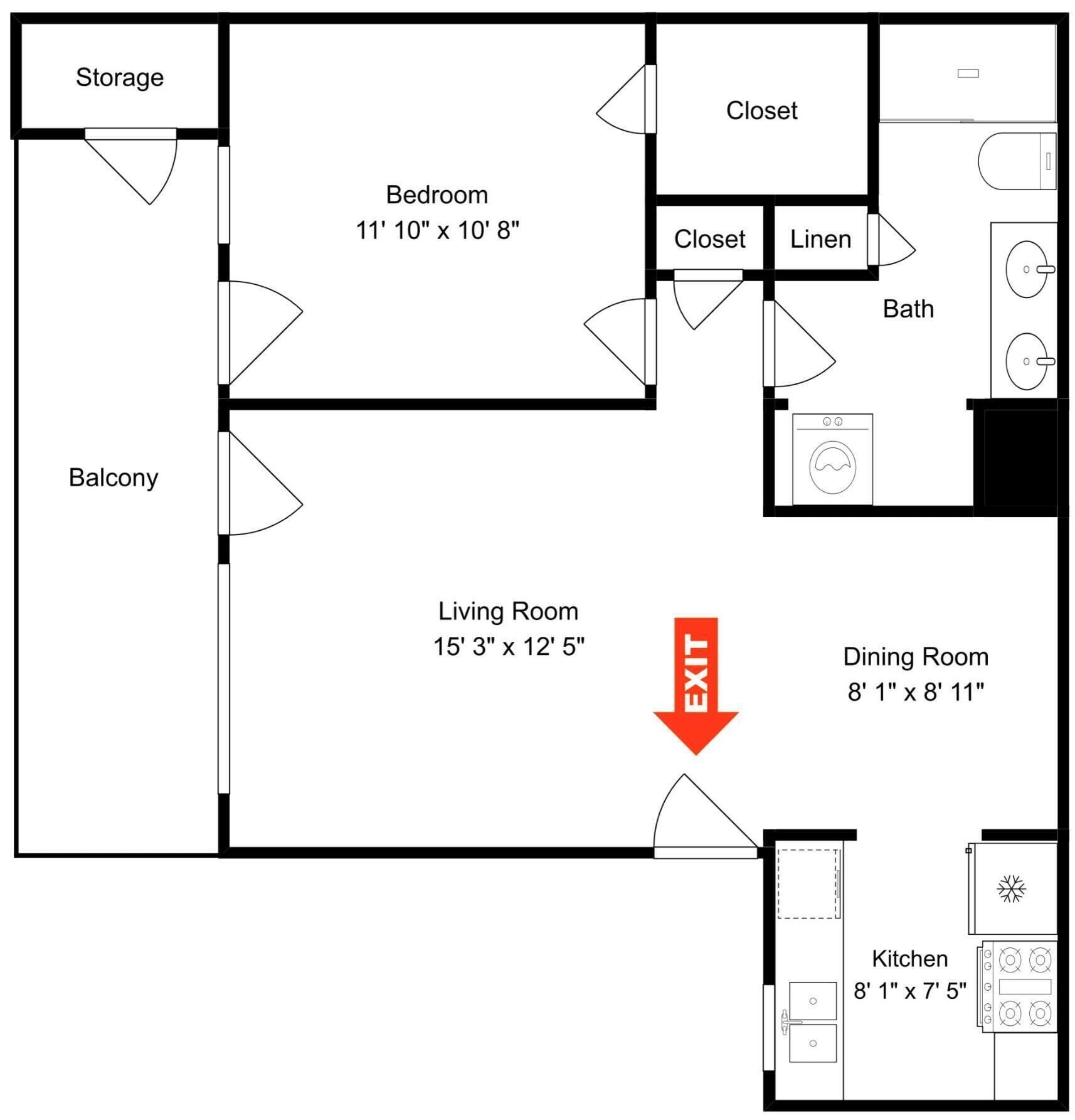 A floor plan with a bedroom, closet, linen, bathroom, balcony, living room, dining room, and kitchen.