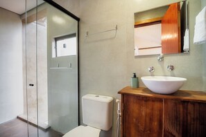 A modern bathroom with a glass shower enclosure, a white toilet, and a wooden vanity with a white sink.