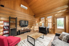 Smart TV, fireplace, DVD player, foosball