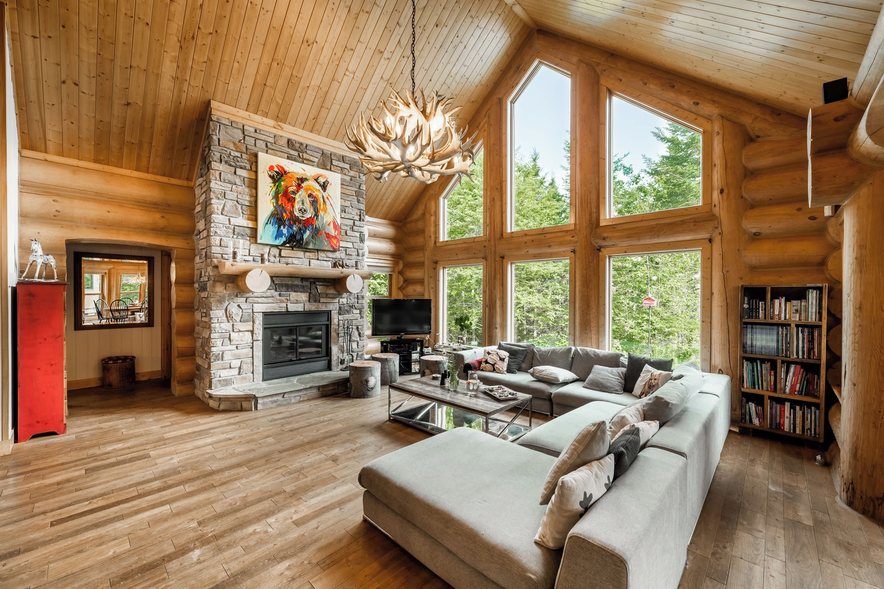 TV connectée, cheminée, lecteur de DVD, baby-foot