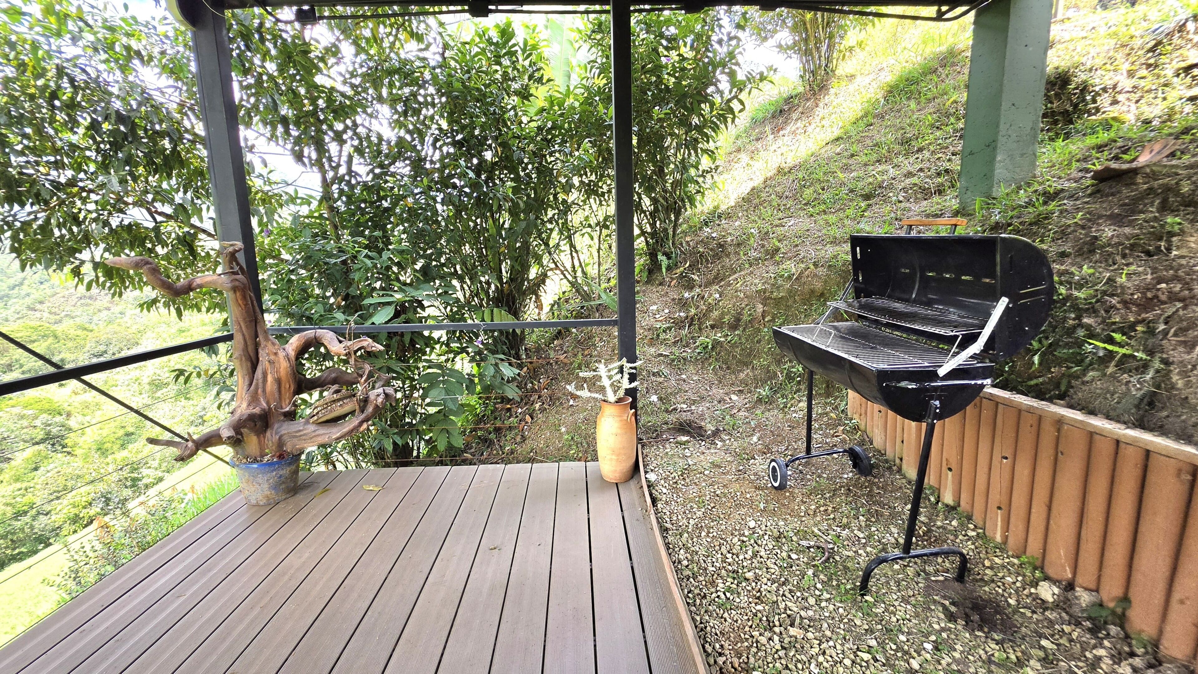 A wooden deck with a grill and a vase of flowers.