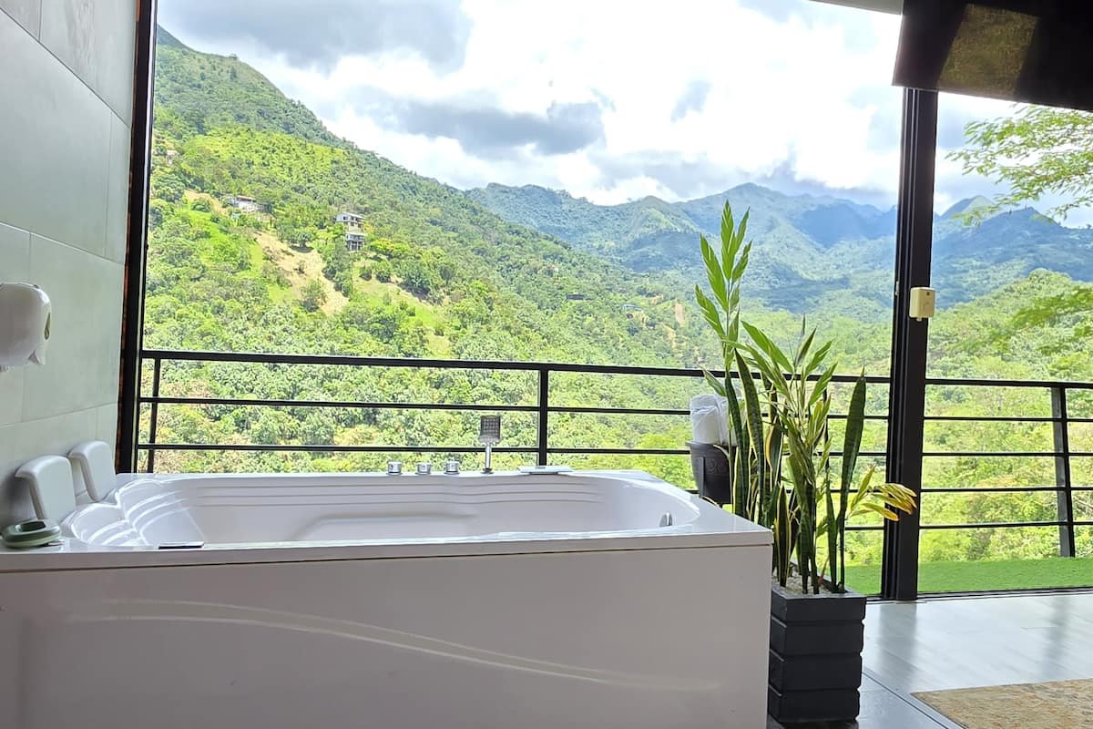 Une salle de bain avec une grande baignoire, une plante en pot et une chaise.
