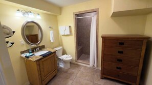 Shower, hair dryer, shampoo