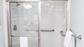 Shower, hair dryer, shampoo