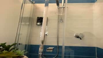 Shower, hair dryer, bidet, towels