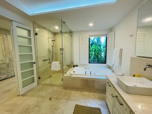 Shower, jetted tub, hair dryer, towels