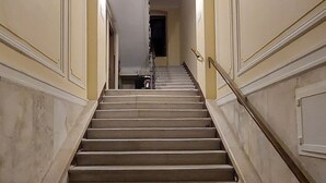 A grand staircase with ornate railings and a handrail, leading to a dark doorway at the top.