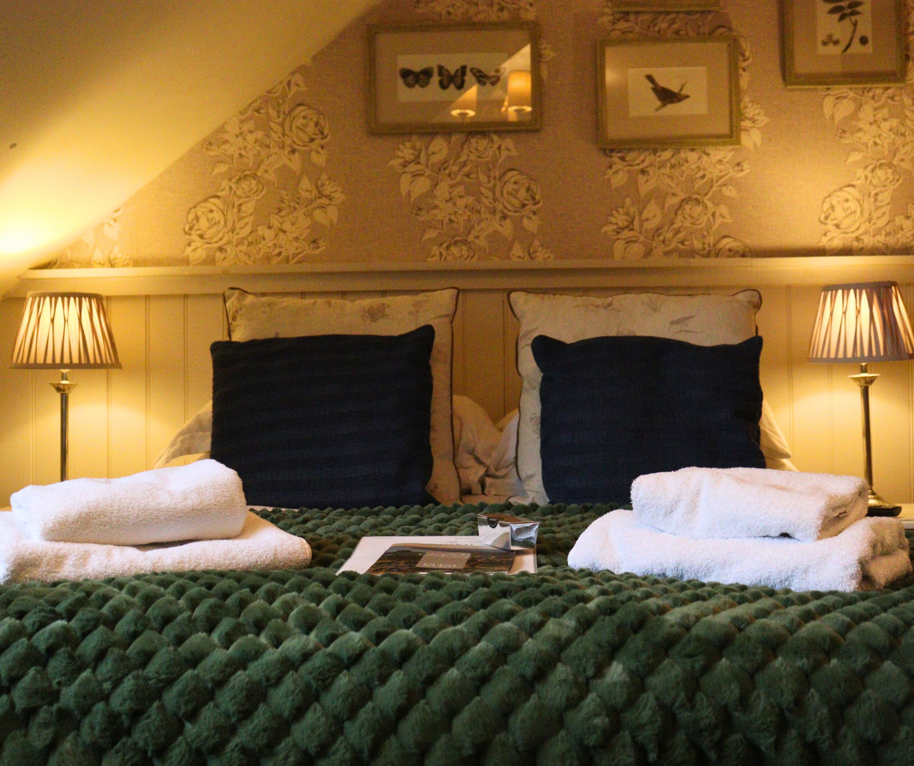 Une chambre d’hôtel avec un grand lit, deux oreillers, deux lampes et une couverture verte.