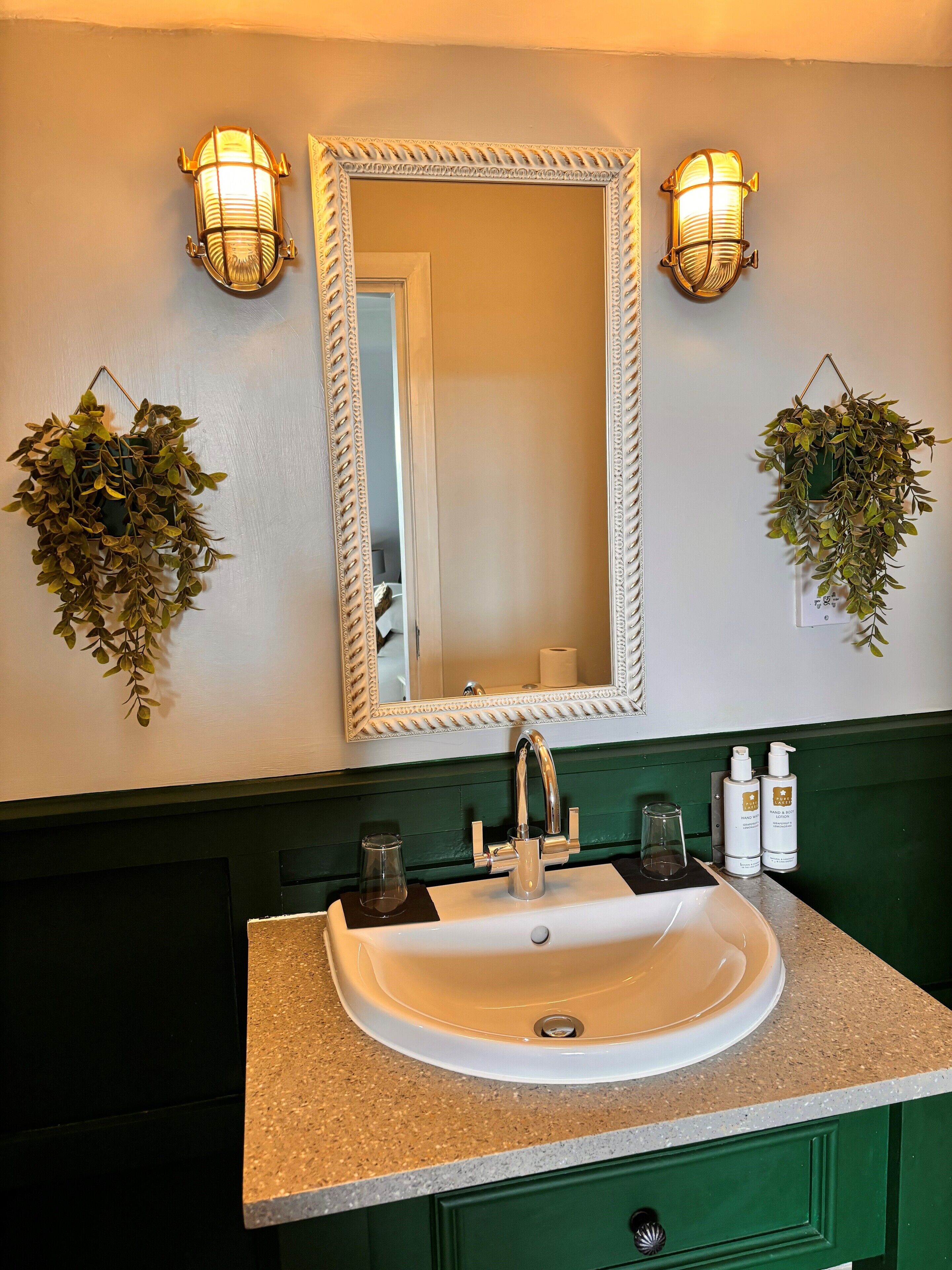 Une salle de bain avec un lavabo blanc, des meubles verts, deux appliques murales et deux plantes suspendues.