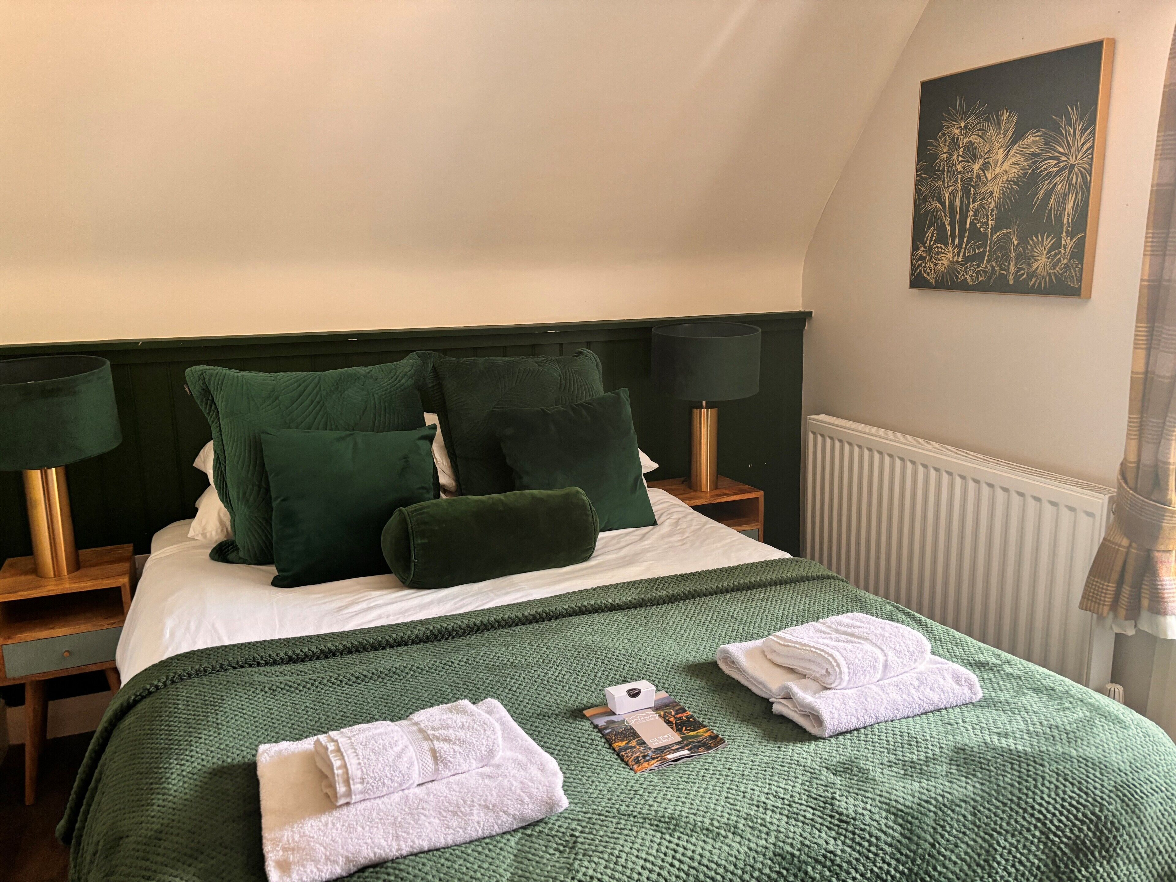 A neatly made bed with green bedding, two bedside tables with lamps, a framed picture on the wall, and a radiator.