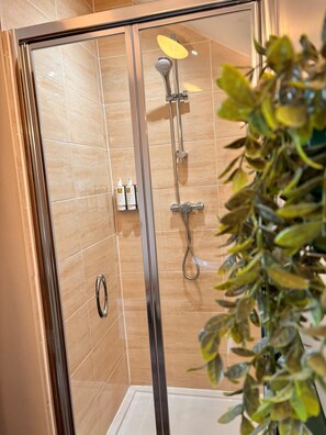 Shower, hair dryer, towels, soap