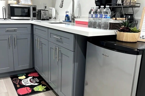 Fridge, microwave, coffee/tea maker, electric kettle