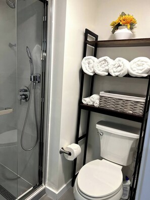 Dusche, Haartrockner, Handtücher, Shampoo