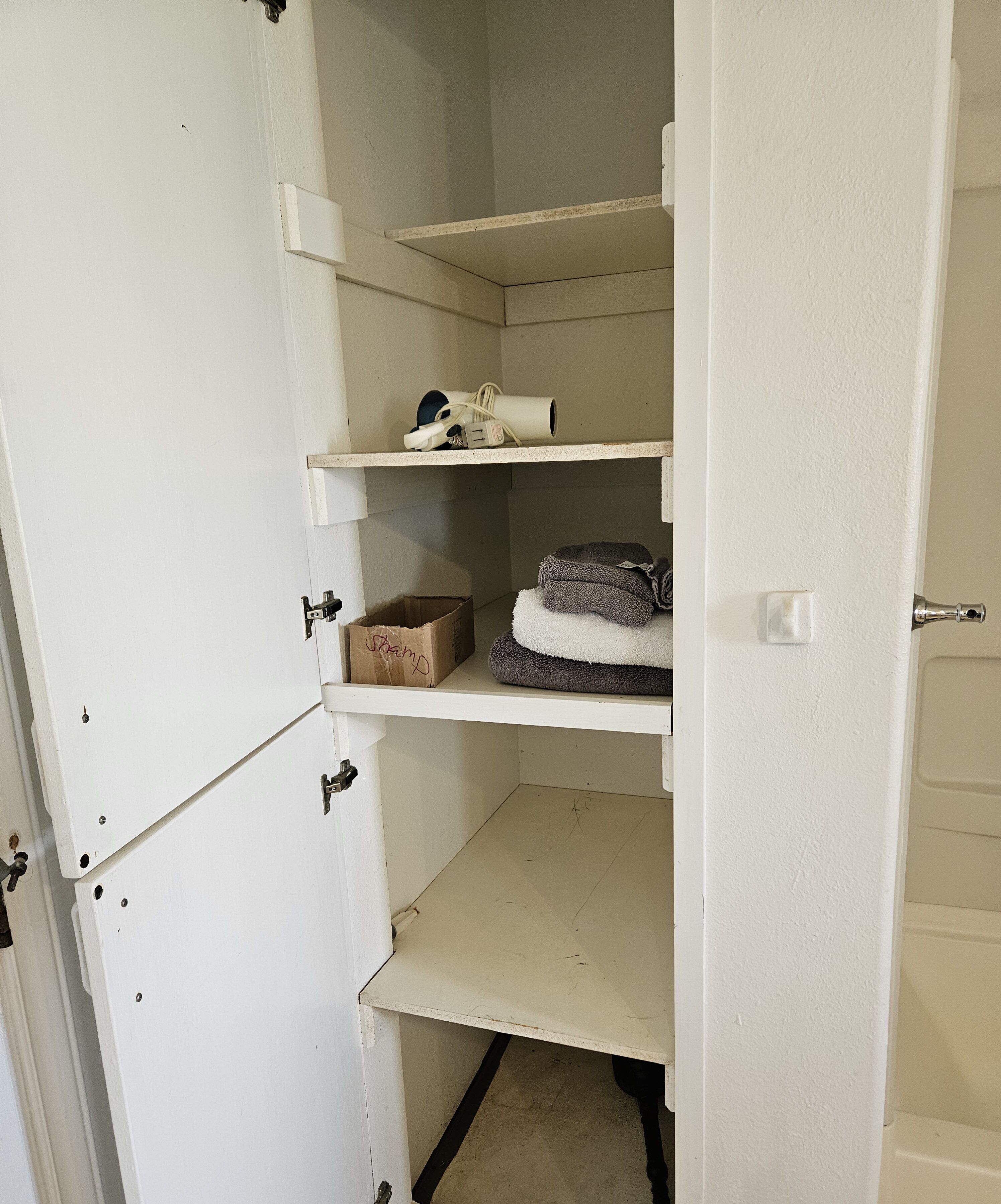 A white storage closet with shelves and a door.