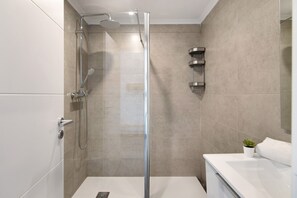 Shower, hair dryer, towels