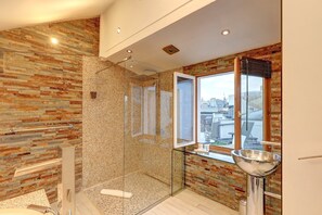 Shower, hair dryer, towels