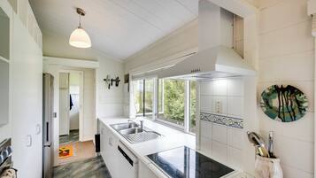 Fridge, dishwasher, toaster, cookware/dishes/utensils