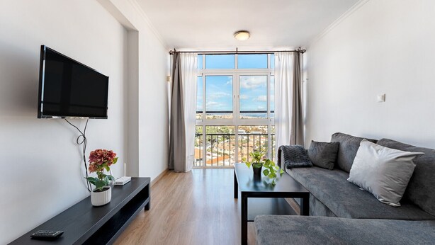 Una sala de estar moderna con un sofá gris, una mesa de centro y un televisor de pantalla plana montado en la pared. Se ve una ventana con cortinas, una pequeña mesa con una planta y un control remoto sobre el sofá.