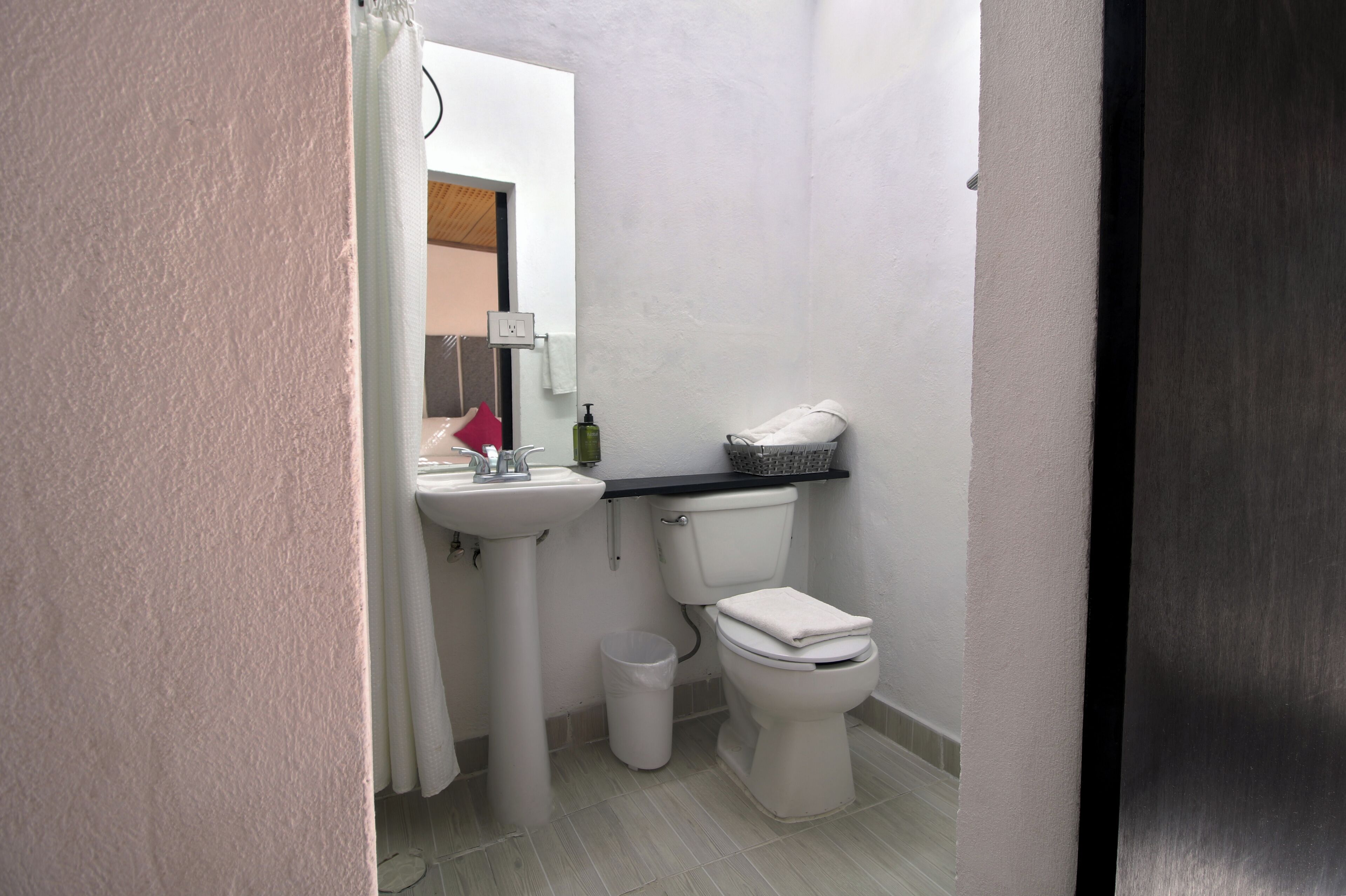 Une petite salle de bain avec un lavabo, des toilettes et une poubelle.