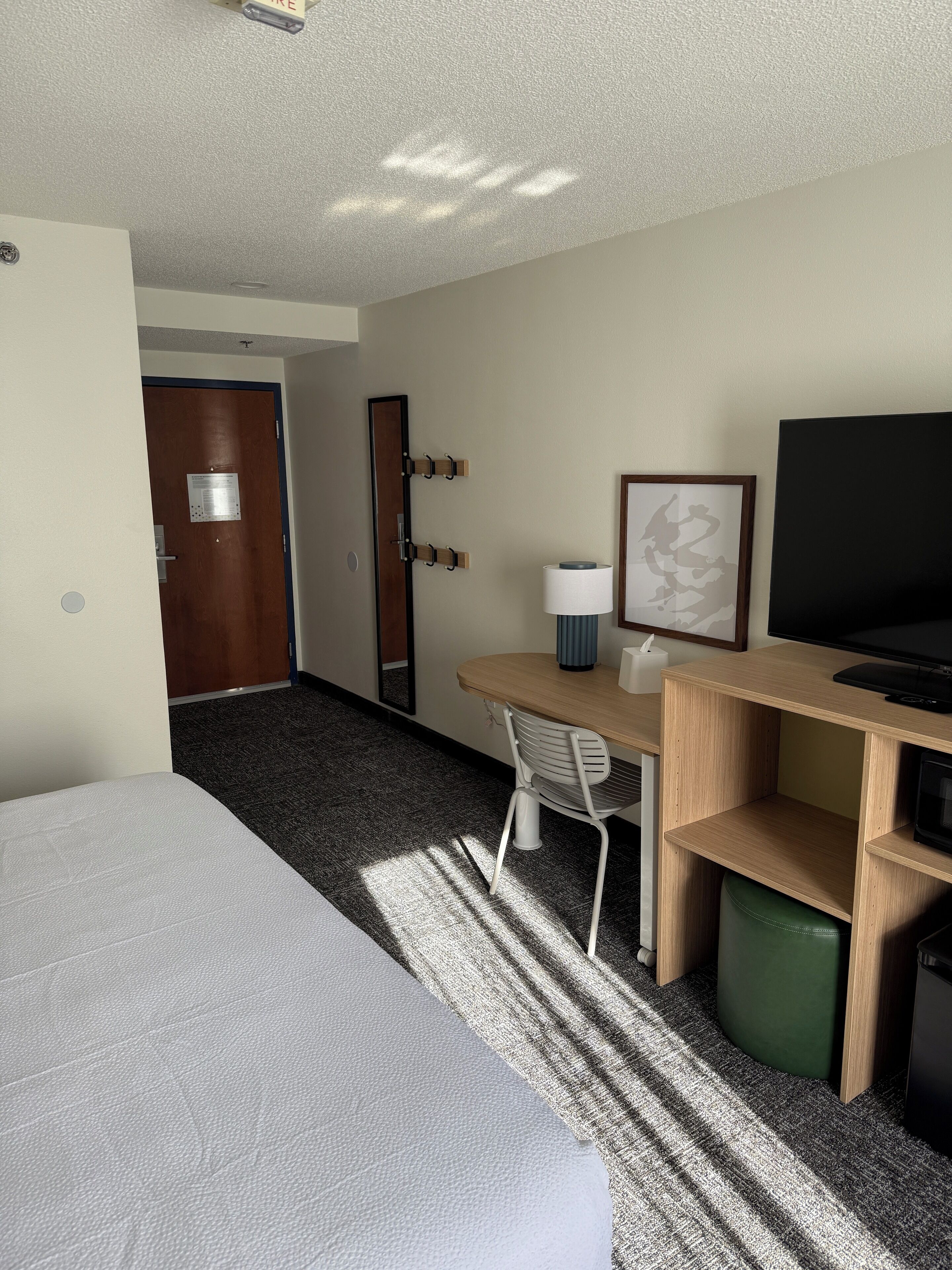 Une chambre d’hôtel avec un lit, un bureau et une chaise, une télévision et une poubelle verte.