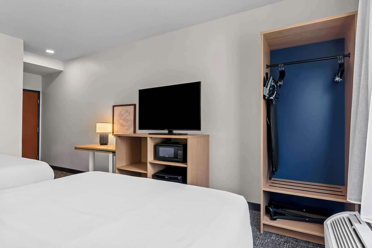 A hotel room with a bed, a television, a microwave, and a wardrobe.