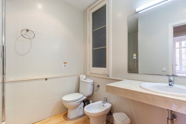 Bidet, towels, toilet paper