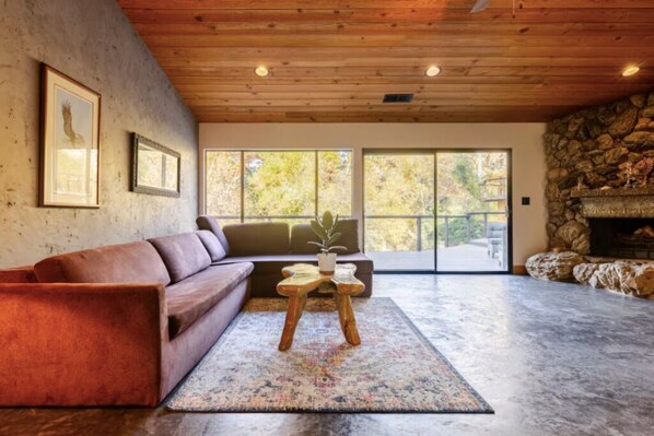 Smart-tv, eldstad, ett bordtennisbord och böcker