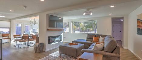 Smart TV, fireplace, books