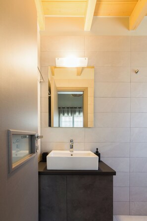 Bathroom features a rectangular sink, faucet, and mirror with a light fixture.