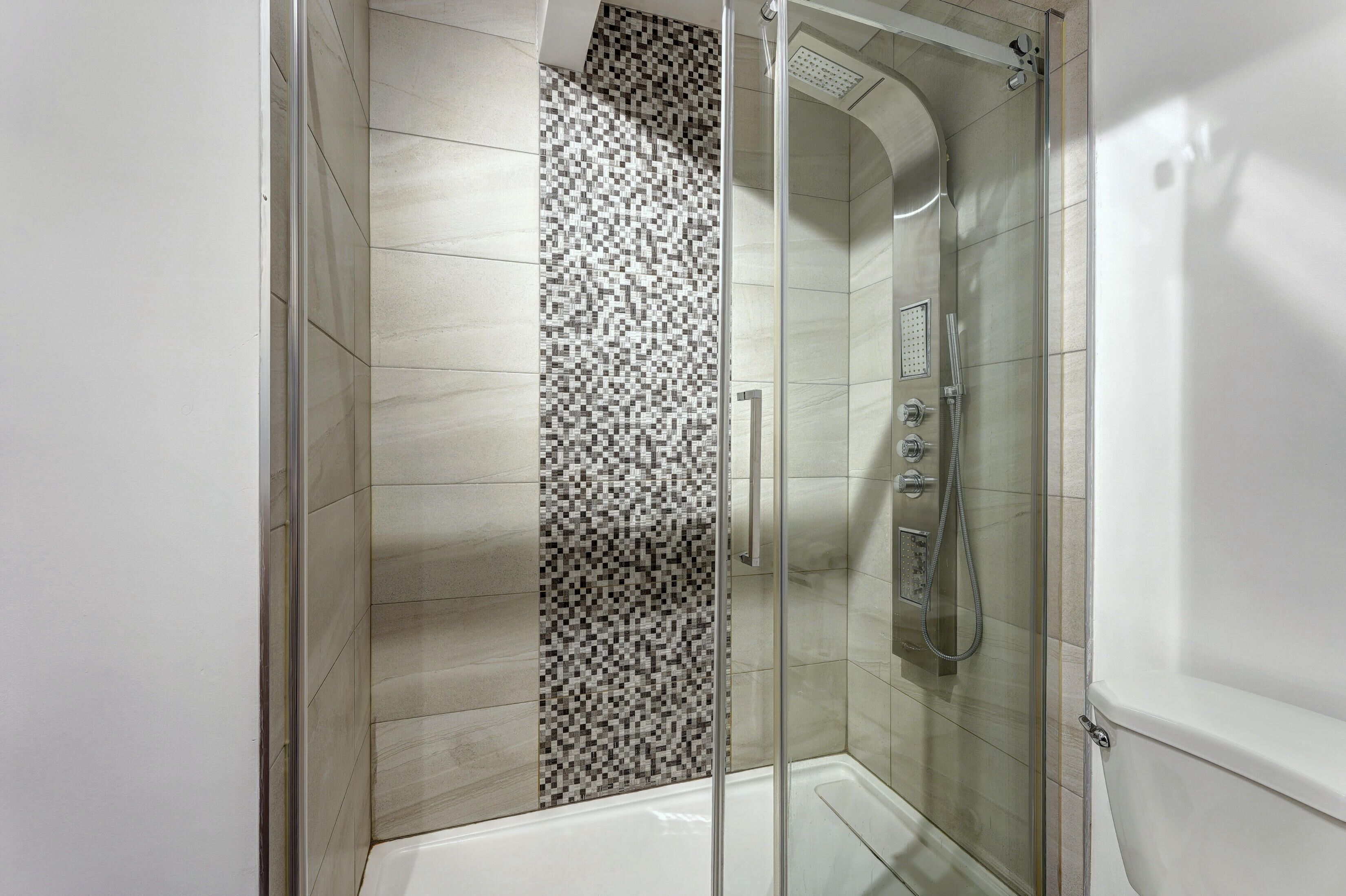 Hair dryer, towels, soap, toilet paper