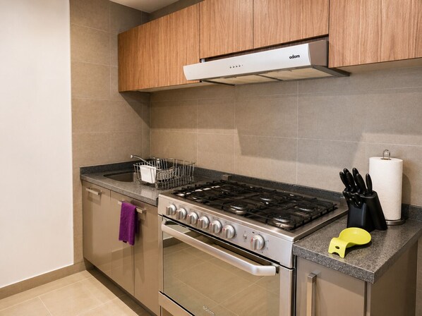 Una cocina moderna con estufa a gas, horno y escurreplatos.