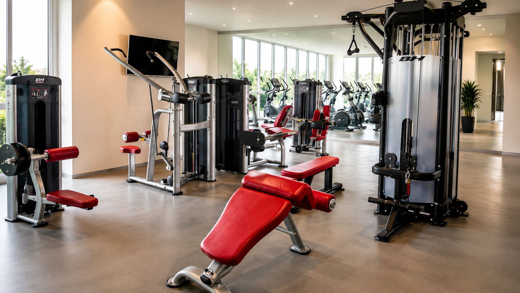 A gym with various exercise machines, a television, and large windows.