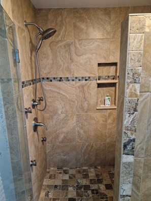 Hair dryer, towels, soap, toilet paper