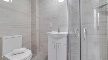 Hair dryer, towels, soap, toilet paper