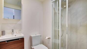 Regadera, secadora de cabello, toallas, jabón