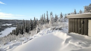 A snow-covered landscape with a wooden cabin and a view of a lake and forest.