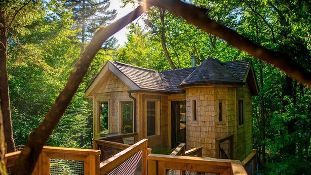 A wooden treehouse with a sloped roof, surrounded by dense forest. - Perched lakeside treehouse, suspension bridge and deck | Lodging #16 (Mont-Blanc)