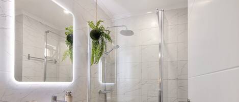 Shower, hair dryer, towels