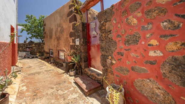 Un estrecho callejón con un muro de piedra, una puerta roja y plantas en macetas.