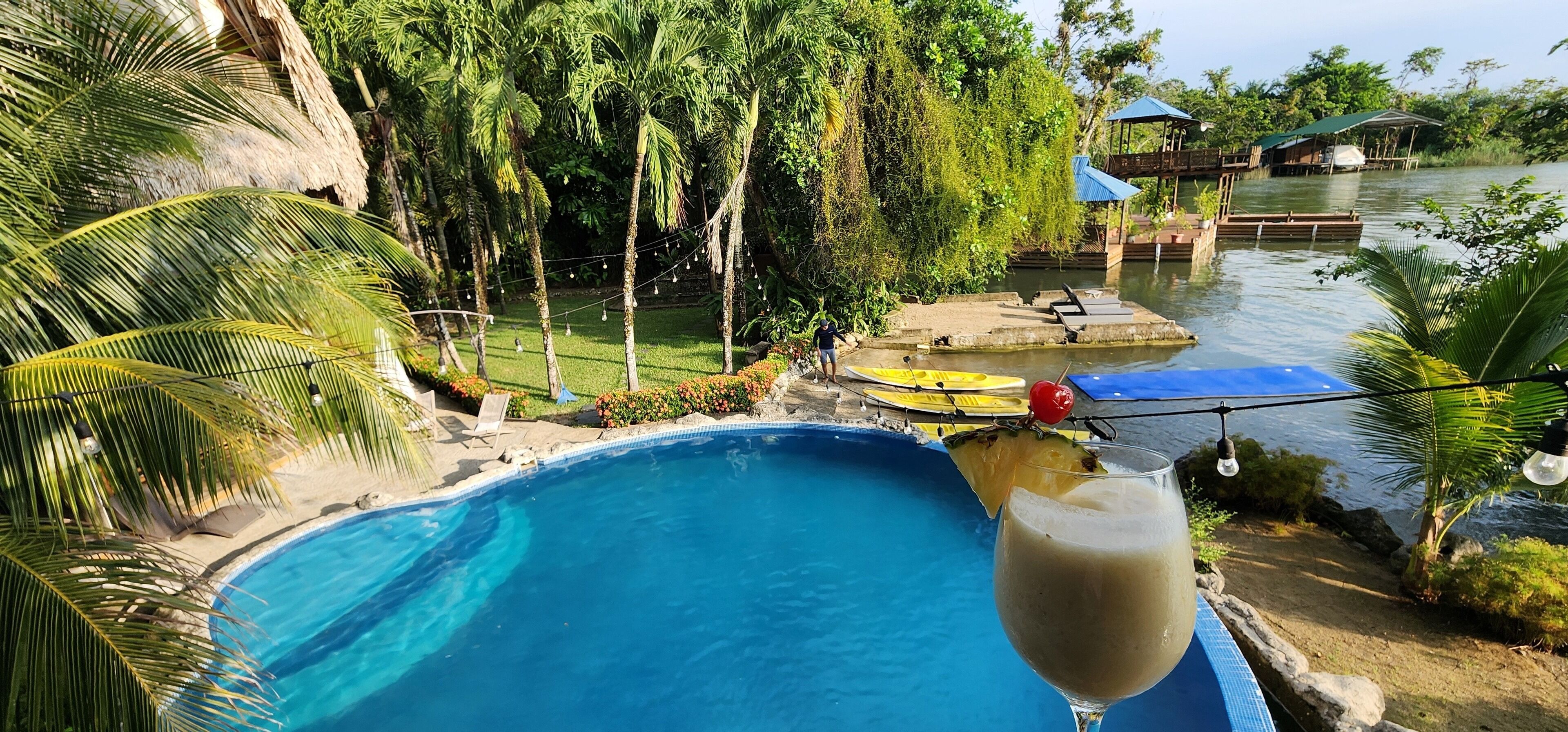 Zona de piscina con vista despejada al agua, rodeada de palmeras y una terraza de madera.